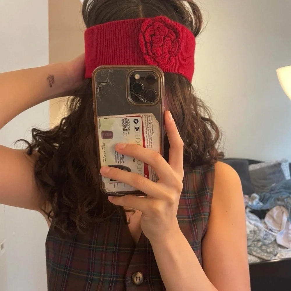 Red Knitted Headband with Flower Accent